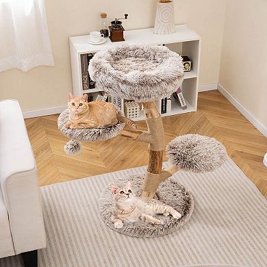 Costway Modern Cat Tree with Pear Wood Trunks Scratching Posts Soft Long Plush Fabric