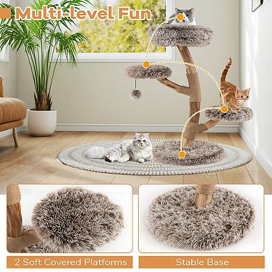 Costway Modern Cat Tree with Pear Wood Trunks Scratching Posts Soft Long Plush Fabric