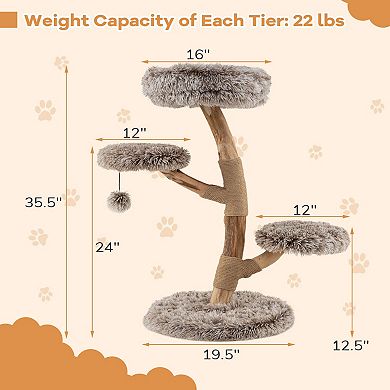 Costway Modern Cat Tree with Pear Wood Trunks Scratching Posts Soft Long Plush Fabric