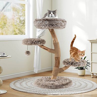Costway Modern Cat Tree with Pear Wood Trunks Scratching Posts Soft Long Plush Fabric