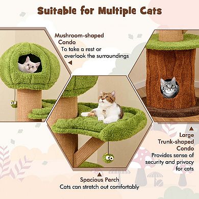 Costway 58" Mushroom Cat Tree for Indoor Cats with 2 Cute Condos Plush Perch Teasing Balls
