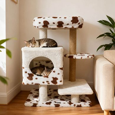 Costway Modern Cat Tree with Wide Upholstered Perch & 2-Entrance Cat Condo Scratching Posts