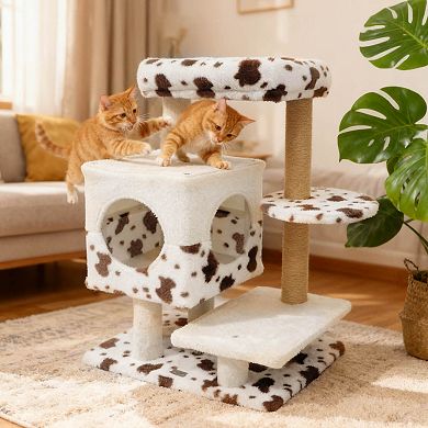 Costway Modern Cat Tree with Wide Upholstered Perch & 2-Entrance Cat Condo Scratching Posts