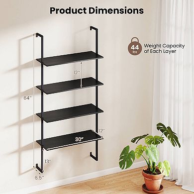 Costway 4-Tier Ladder Shelf Bookshelf Industrial Wall Shelf with Metal Frame