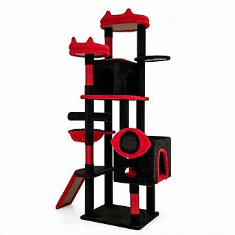 Costway Gothic Cat Tree for Indoor Cats with 2 Cat Condos & 2 Plush Perches, Dangling Balls