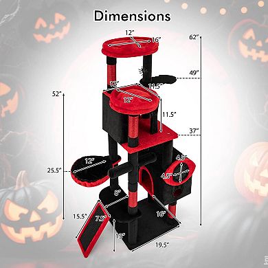 Costway Gothic Cat Tree for Indoor Cats with 2 Cat Condos & 2 Plush Perches, Dangling Balls