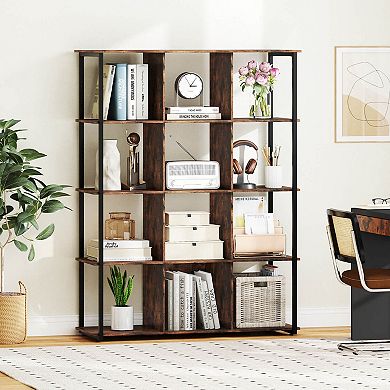 Costway 12-Cube Bookcase 57" Tall Freestanding Bookshelf Industrial Shelf Display Rack