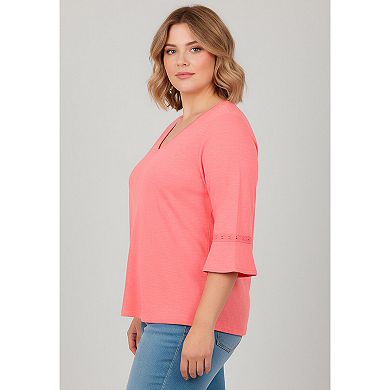 Avenue Women's Plus Size Crochet Trim Ruffle Sleeve Top