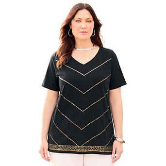 Catherines Women's Plus Size Slub Knit V-Neck Sequin Tee