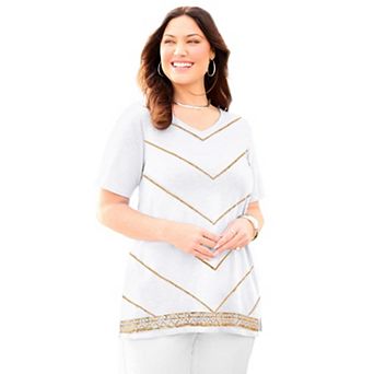 Catherines Women's Plus Size Slub Knit V-Neck Sequin Tee