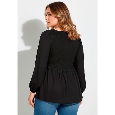 Avenue Women's Plus Size Smocking Blouson Sleeve Blouse