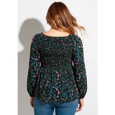 Avenue Women's Plus Size Smocking Blouson Sleeve Blouse