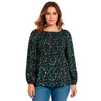 Avenue Women's Plus Size Smocking Blouson Sleeve Blouse