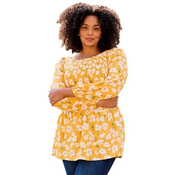 Avenue Women's Plus Size Smocking Blouson Sleeve Blouse