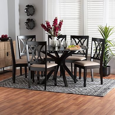 Baxton Studio Maya 7-Piece Dining Set with Round Table & Cross-Back Chairs