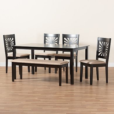 Baxton Studio Olympia 6-Piece Dining Set with Upholstered Chairs and Bench