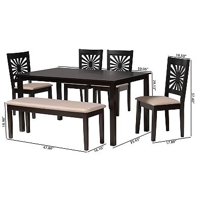 Baxton Studio Olympia 6-Piece Dining Set with Upholstered Chairs and Bench