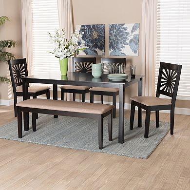 Baxton Studio Olympia 6-Piece Dining Set with Upholstered Chairs and Bench