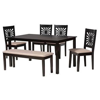Baxton Studio Olympia 6 pc Dining Set with Upholstered Chairs and Bench