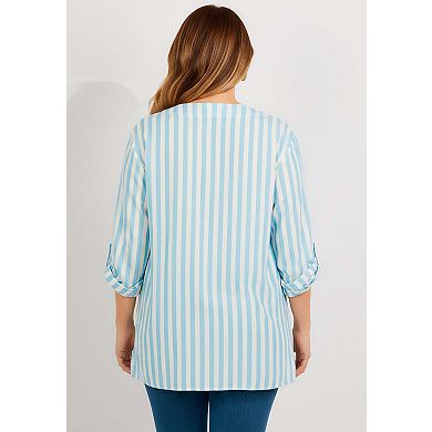 Roaman's Women's Plus Size Linen-Blend Y-Neck Roll-Tab Sleeve Tunic