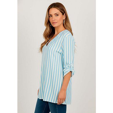 Roaman's Women's Plus Size Linen-Blend Y-Neck Roll-Tab Sleeve Tunic