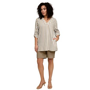 Roaman's Women's Plus Size Linen-Blend Y-Neck Roll-Tab Sleeve Tunic