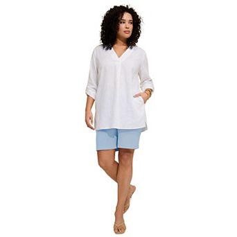 Roaman's Women's Plus Size Linen-Blend Y-Neck Roll-Tab Sleeve Tunic