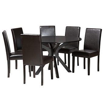 Baxton Studio Asli 7 pc Dining Set with Round Table and Upholstered Chairs