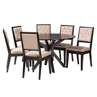 Baxton Studio Mana 7 pc Dining Set with Round Table and Upholstered Chairs
