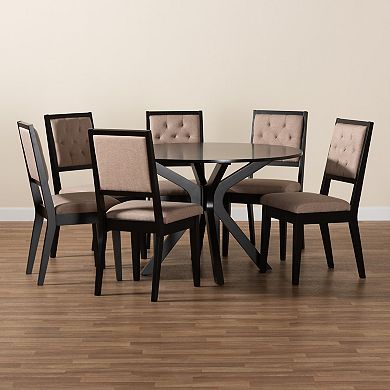 Baxton Studio Mana 7-Piece Dining Set with Round Table and Upholstered Chairs