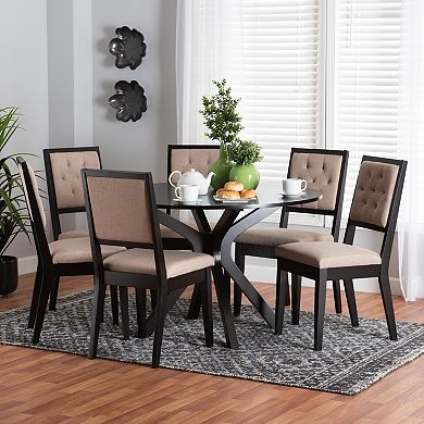 Baxton Studio Mana 7-Piece Dining Set with Round Table and Upholstered Chairs