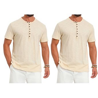 2 Packs Men's Retro Henley Shirt Texture Button Down Short Sleeve Outdoor T-Shirts