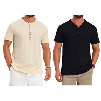 2 Packs Men's Retro Henley Shirt Texture Button Down Short Sleeve Outdoor T-Shirts