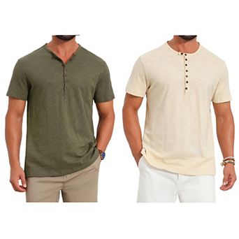 2 Packs Men's Retro Henley Shirt Texture Button Down Short Sleeve Outdoor T-Shirts