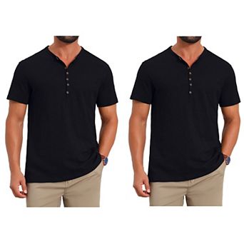 2 Packs Men's Retro Henley Shirt Texture Button Down Short Sleeve Outdoor T-Shirts