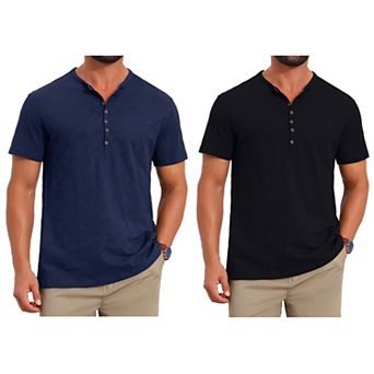 2 Packs Men's Retro Henley Shirt Texture Button Down Short Sleeve Outdoor T-Shirts