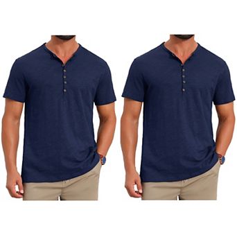 2 Packs Men's Retro Henley Shirt Texture Button Down Short Sleeve Outdoor T-Shirts