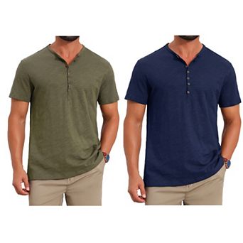 2 Packs Men's Retro Henley Shirt Texture Button Down Short Sleeve Outdoor T-Shirts