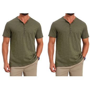 2 Packs Men's Retro Henley Shirt Texture Button Down Short Sleeve Outdoor T-Shirts
