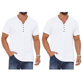 2 Packs Men's Retro Henley Shirt Texture Button Down Short Sleeve Outdoor T-Shirts