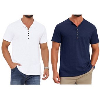 2 Packs Men's Retro Henley Shirt Texture Button Down Short Sleeve Outdoor T-Shirts