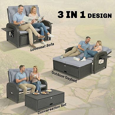 Outsunny Outdoor Patio Rattan Daybed w/ Storage Ottoman,