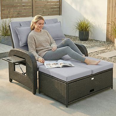Outsunny Outdoor Patio Rattan Daybed w/ Storage Ottoman,
