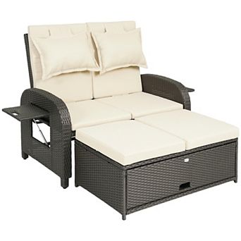 Outsunny Outdoor Patio Rattan Daybed w/ Storage Ottoman,