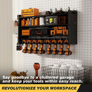 4-Layer Power Tool Organizer Wall Mount with Charging Station Heavy Duty Metal Tool Storage Rack