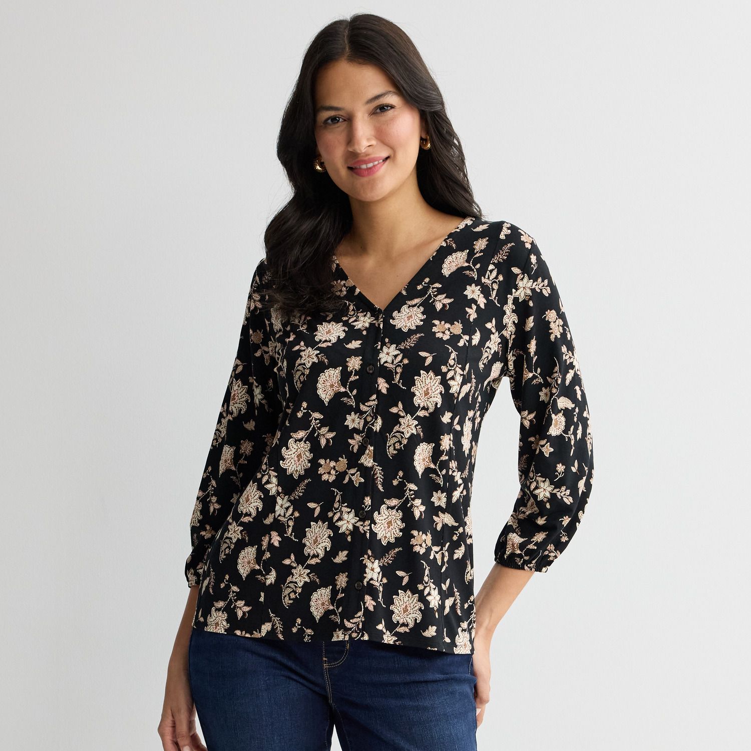 Женская блузка Croft & Barrow V-Neck Button Front Blouse, цвет: Чёрный