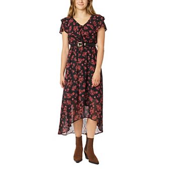 Juniors' WallFlower Belted Ruffle Neck Hi-Low Maxi Dress