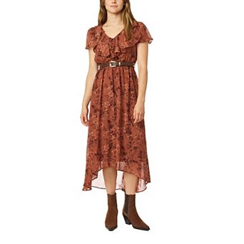 Juniors' WallFlower Belted Ruffle Neck Hi-Low Maxi Dress