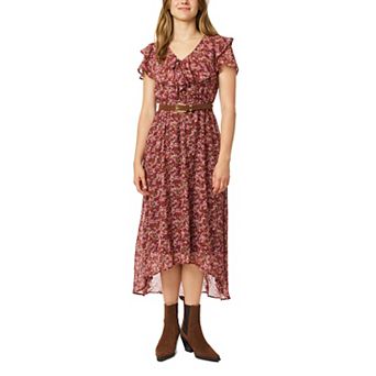 Juniors' WallFlower Belted Ruffle Neck Hi-Low Maxi Dress