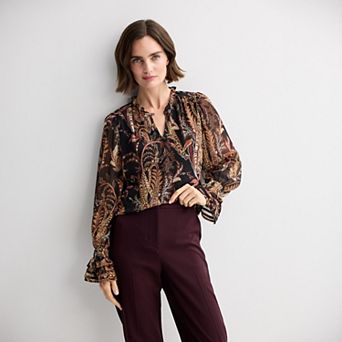Petite Nine West Ruffle Cinched Sleeve Tie Neck Blouse